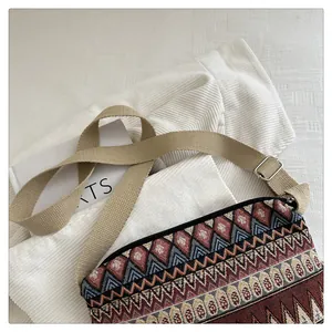 Detailed view of bohemian jacquard weave fabric with geometric patterns and canvas strap