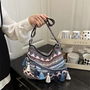 Borsa a Tracolla Stile Etnico Bohemien con Nappine Donna Retrò Motivo Geometrico Tessitura Borsa a Spalla Casual Messaggero