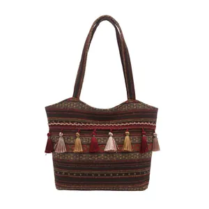 Borsa tote jacquard etnica boho con nappe colorate e motivi intrecciati retrò
