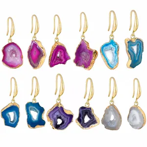 Natürliche Achat Geode Scheibe Hängeohrringe Goldener Rand Unregelmäßiger Stein Boho Hakenohrringe Für Damen Schmuck Geschenk
