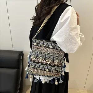 Bohemian Ethnic Style Geometric Jacquard Tassel Crossbody Bag Woven Pattern Fringe Shoulder Bag For Women Travel Daily