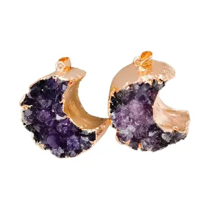 Mond-Anhänger aus natürlichem Amethyst mit vergoldetem Messingrand für DIY-Schmuck