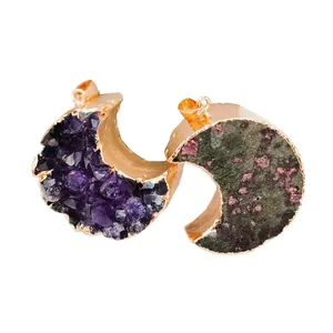 Natürlicher Amethyst Rohedelstein Mondsichel Anhänger Nur Ohne Kette Gold Vergoldet Kupferdraht Umwickelt Druzy Kristall Schmuck