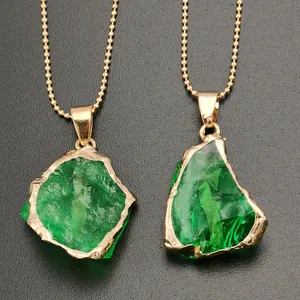 Irregular Natural Crystal Raw Stone Pendant Gold Plated Brass Edge Colorful Stone Pendant Only For DIY Jewelry Making
