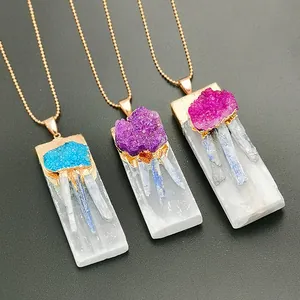 Irregular natural selenite necklaces in blue and purple with gold plating and ball chain
