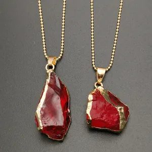Irregular dark red crystal stone pendants with gold plated edges on beaded necklaces