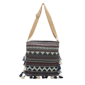 Ethnic geometric jacquard crossbody bag with bohemian tassels and adjustable strap