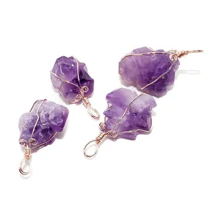 Natürliche Amethyst-Mondstein-Anhänger mit Roségold-Kupferdrahtwicklung in vier Varianten