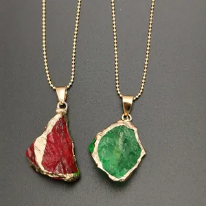 Natural raw stone pendants with irregular gold plating on brass ball chain necklaces