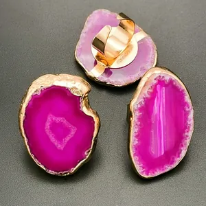 Natural Agate Slice Open Ring For Women Irregular Raw Stone Gold Plated Copper Edged Druzy Crystal Adjustable Finger Ring Bohemian Jewelry