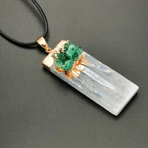 Irregular natural selenite pendant with green crystal cluster and rose gold plating edge