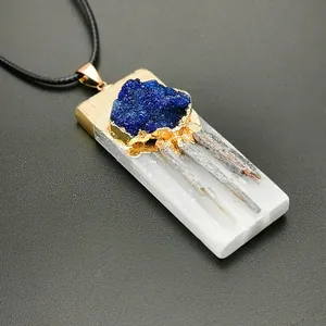 Rectangle natural selenite pendant with blue crystal cluster and gold plated edges