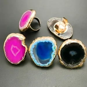 Natural agate slice rings with gold plated edges and adjustable metal bands in multiple colors