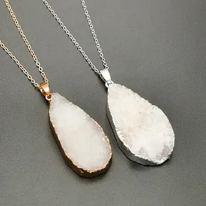 Tropfenform Natürlicher Weißer Kristall-Druzy Nur Anhänger (Ohne Kette) Boho Legierung Galvanisierter Rand Stein Anhänger Für Damen