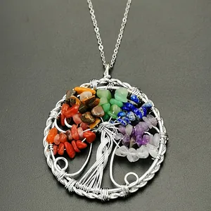 Vue détaillée du pendentif arbre de vie fait main en fil d'argent et cristaux naturels
