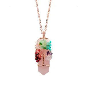 Natural Crystal Agate Tree Of Life Wire Wrapped Hexagonal Prism Pendant Only Without Chain Vintage Bohemian Women Jewelry