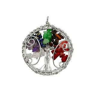 Pendentif arbre de vie en pierres naturelles colorées et fil d'argent pour chakras