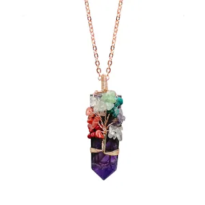 Rose gold tree of life necklace with purple amethyst crystal pendant on white background