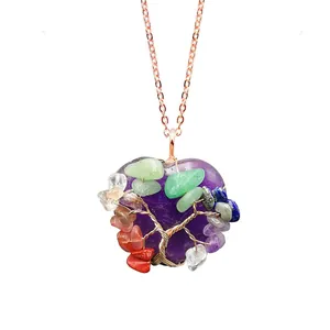 Lebensbaum Herzanhänger mit natürlichem Amethyst und roségoldener Drahtumwicklung