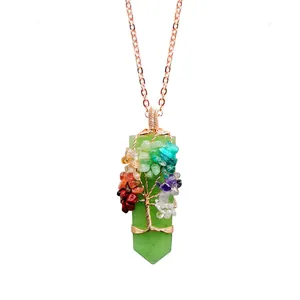 Tree of Life wire wrapped green hexagonal crystal pendant necklace with colorful stones