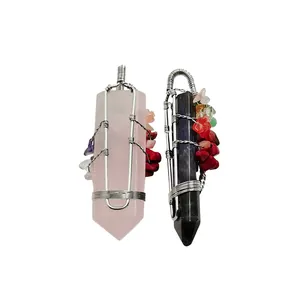 Handcrafted silver wire-wrapped hexagonal crystal pendants in rose quartz and amethyst