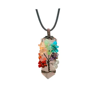 Rainbow crystal Tree of Life pendant necklace with pink quartz and copper wire wrapping