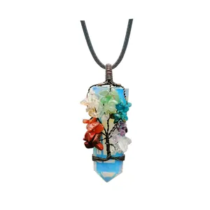 Tree of Life bronze wire-wrapped opal hex crystal necklace with colorful stones