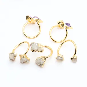 Lot de bagues ouvertes dorées de style bohème avec cristaux naturels violets et blancs