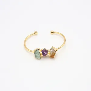 Brazalete ajustable de oro con piedras naturales de amatista, citrino y fluorita