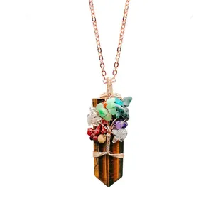 Tiger Eye hexagonal crystal necklace with Life of Tree wire wrapped rose gold pendant