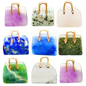 Natural Stone Crystal Agate Mini Handbag Shape Pendant Only Gold Alloy Handle Fashion Jewelry Pendant Without Chain