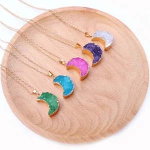 Natural crystal druzy moon pendant necklaces in multi-color options with gold-plated edges