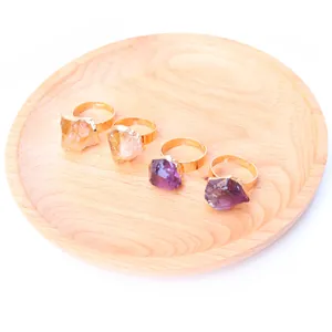 Natural Amethyst Citrine Irregular Raw Stone Open Ring For Women Adjustable Gold Plated Copper Band Crystal Gemstone Jewelry