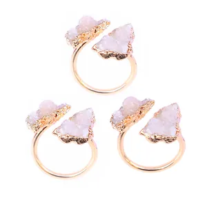 Bague Ouverte Réglable en Pierre Brute Agate Druzy Naturelle Bohémienne Cuivre Électroplaqué Agate Cristal Dents Bague pour Femme