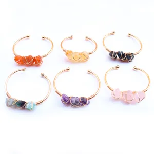 Natuurlijke Kristal Agaat Ruwe Steen Armband Koperdraad Omwikkeld Onregelmatige Amethist Citrien Roze Kristal Open Verstelbare Armring