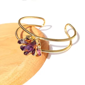 Boheems Natuurlijk Amethist Cluster Open Armring Legering Verguld Dubbellaags Ruwe Steen Armband Voor Vrouwen Sieraden