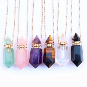 Natuurlijk Kristal Parfumflesje Alleen Hanger (Zonder Ketting) Zeshoekig Amethist Rozenkwarts Flacon Voor Ketting Unisex Sieraden