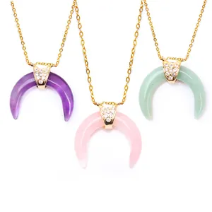Natural Stone Horn Crescent Moon Pendant Only (Without Chain) Alloy Rhinestone Inlaid Crystal Agate DIY Women Jewelry Gift