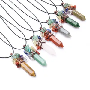 Pendentif Arbre De Vie Enveloppé à la Main Pierre Naturelle Pointe Hexagonale Cristal Pierre Gemme Pendentif Femme
