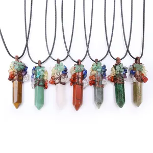 Pendentifs arbre de vie en cristal naturel enroulés de fil avec colliers noirs