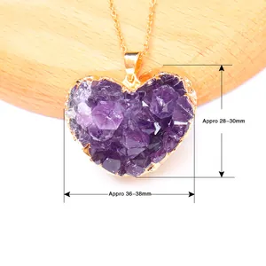 Natuurlijke amethist hart hanger met gouden plating en ketting, maat circa 28-30mm