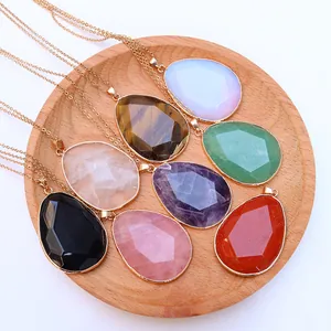 Faceted natural crystal teardrop pendant necklaces with elegant gold plated edging