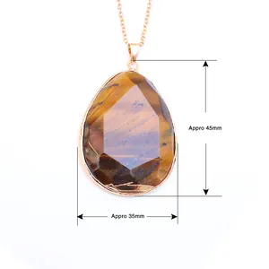 Natural faceted tiger eye stone waterdrop pendant necklace with gold plated chain