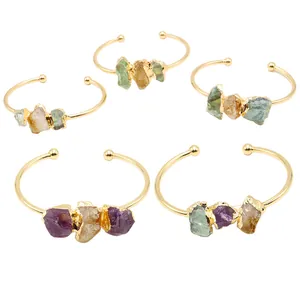 Bracciale Rigido Aperto Bohemien in Pietra Grezza Naturale Ametista Fluorite Citrino Ottone Placcato Oro Regolabile Donna