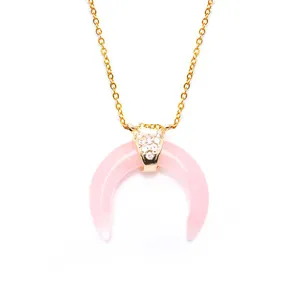 Pink quartz horn pendant necklace with sparkling rhinestones and delicate gold chain
