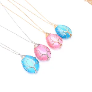 Pendentifs Arbre de Vie faits main en pierre œil de chat rose et bleue avec fil métallique