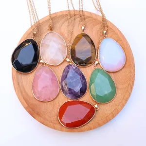 Faceted natural stone teardrop pendants with gold plated edges on thin necklaces