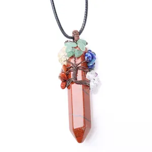 Collier Arbre de Vie avec cristal de jaspe rouge hexagonal et éclats de pierres gemmes