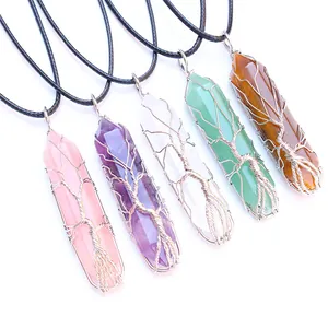 Handmade Tree of Life wrap on natural crystal hexagonal point pendants with wax cords