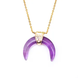 Natural purple crystal crescent horn pendant necklace with sparkling gold clasp